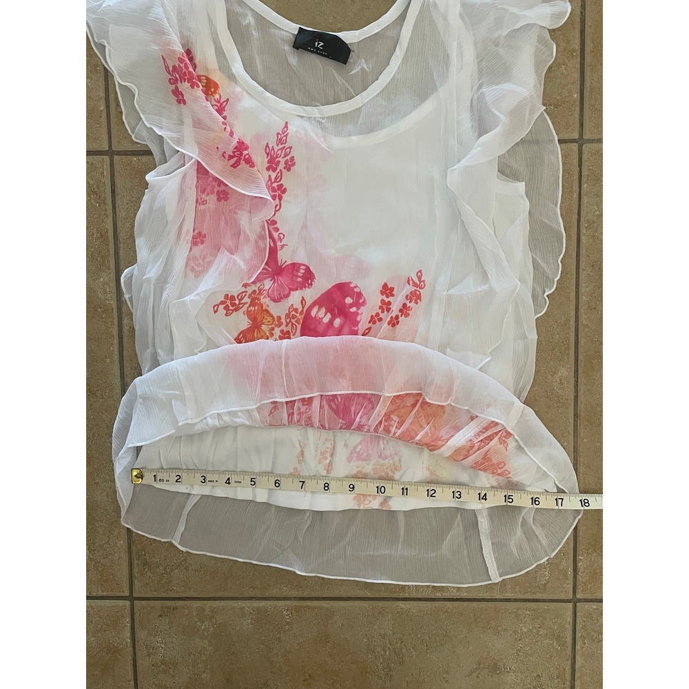 iZ Amy Byer Butterfly Floral Sheer Ruffle Blouse Top White Pink Orange Size XL - Picture 7 of 8